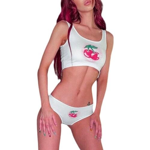 2 Pcs Women Cherry Print Outfits Adults Sexy Sleeveless U-shaped Neck Crop Tops + Panties