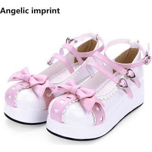 Angelic imprint woman mori girl lolita cosplay shoes lady mid heels pumps women princess dress party platform shoes 5cm bowtie