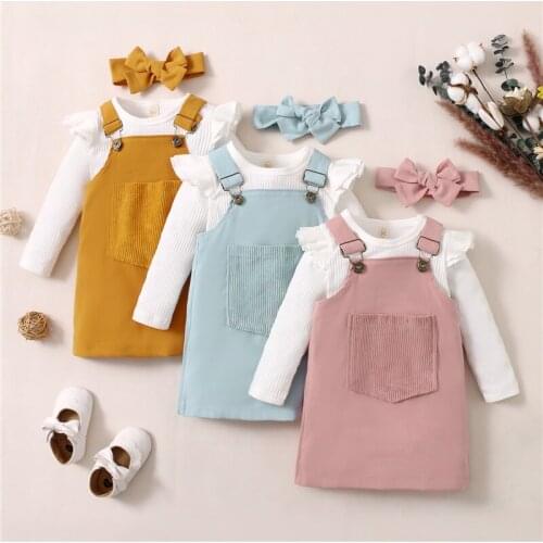 3Pcs Kids Girls Spring Autumn Tracksuit, Solid Color Ribbed Long Sleeves T-Shirt +Overalls Dress with Pocket+ Hairband, 1-5Years