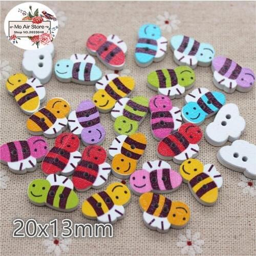 20pcs painting cute bee Wooden Decorative Button 2 Holes Fit Sewing DIY Scrapbooking Craft mix color
