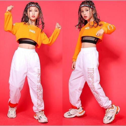 Children Hip Hop Clothing orange Sweatshirt Top Crop Casual Pants Girl Kid Jazz Dance Wear Costume Ballroom Dancing Clothes