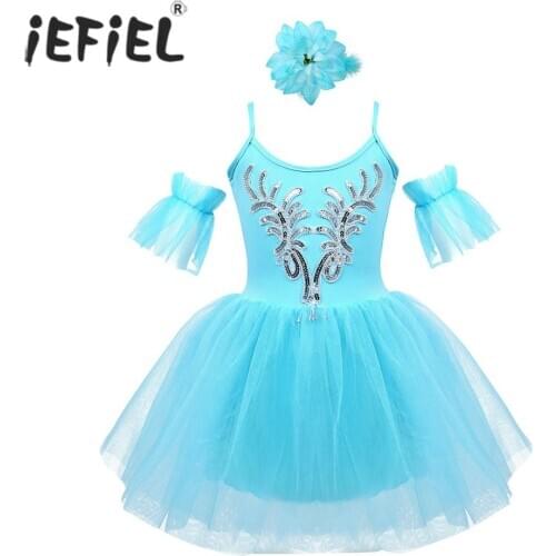 IEFiEL Kids Girls Ballerina Dancewear Gymnastics Ballroom Dance Competition Dresses Costumes Applique Ballet Dance Tutu Dress