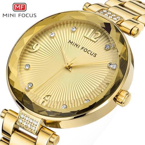 MINIFOCUS 2021 New Watch Women Casual Fashion Leather & Stainless Steel Band Quartz Wristwatches Diamond Gold Watches Lady Gift