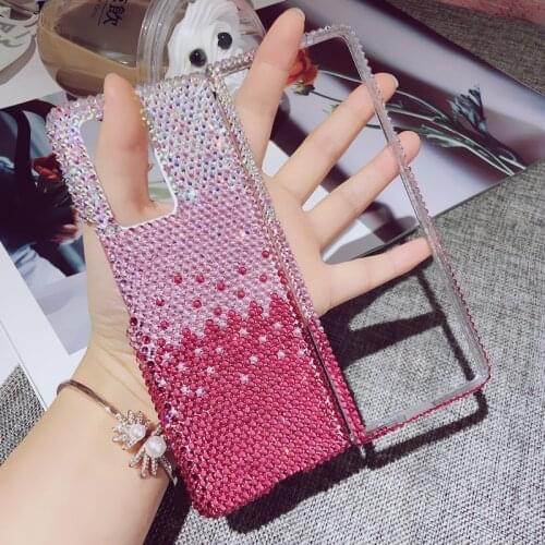 Fashion Full Bling Pink Gradient Color Crystal Diamond Case Cover For Samsung Galaxy Z Flip Z Fold 2 3 5G Luxury Handmade Case