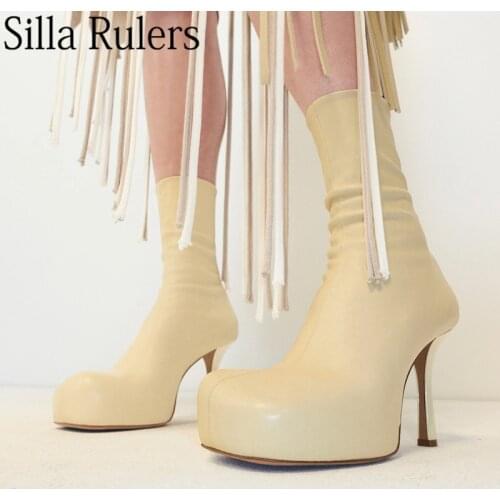 New Square Toe Thick Sole Ankle Boots Women Genuine Leather Elastici Chelsea Boots Woman Runway Designer Mid-calf Boots Woman