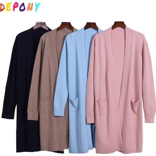 2020 Depony Autumn Winter Long Cardigan Woman Sweater V Neck Knitted cardigan femme full sleeve Knit Coat
