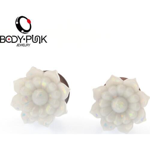 BODY PUNK High Quality Stainless Steel Body Jewelry Opal Acrylic Flower Wood Plug Ear Piercing Fashion Body Jewelry PLG127