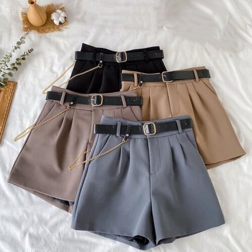 Casual Vintage Straight Solid Women Summer Sweet Hig Waist korean Shorts Ladies A-Line Sashes Chain Mini Shorts Women