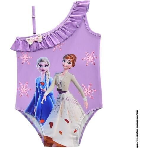 Disney Frozen Summer Baby Girl Slanted Shoulder One-piece Swimwear Kid Cartoon Beach Sloping Swimsuit Swim Wear Suit Set