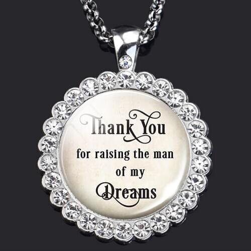 Bride Quote Necklace " Thank You for Raise The Man of My Dreams " Rhinestone Pendant Wedding Jewelry Grooms Parents Gifts