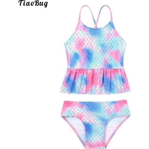 TiaoBug Baby Kids Girls Summer Two Pieces Mermaid Print Swimsuit Sleeveless Cross Strap Top With Bottoms Swimwear Beach Bikini