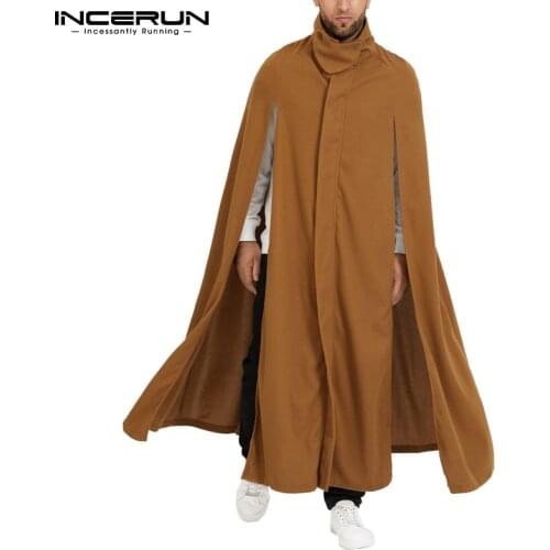 Men Cloak Coats Streetwear Loose Solid Color Chic Stand Collar Split Mens Trench Cape Fashion Long Style Ponchos S-5XL INCERUN 7