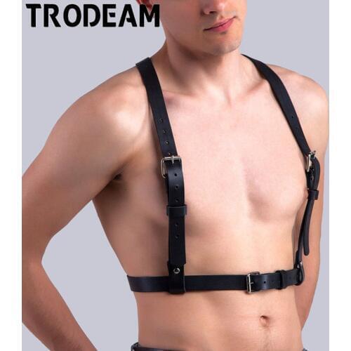 TRODEAM Mens Leather Bondage Faux Leather Harness Belts Straps Black Adjustable Body Suspenders Belts Bdsm Restraints Harness