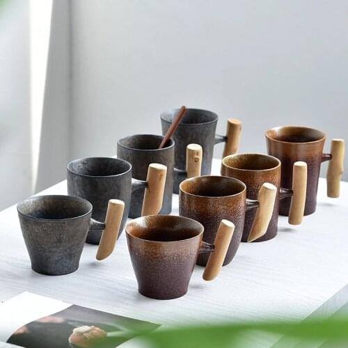 30pcs/lot Vintage Ceramic Coffee Mug Tumbler Rust Glaze Tea Milk Beer Mug with Wood Handle Water Cup Home Office Drinkware