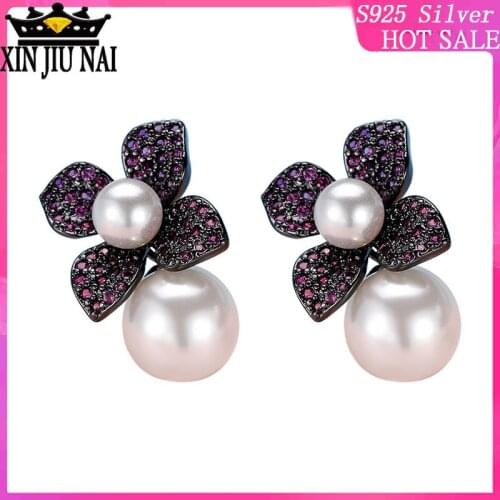 S925 sterling silver elegant retro luxury four-leaf clover Baroque pearl female black gun color Purple gem diamond earrings