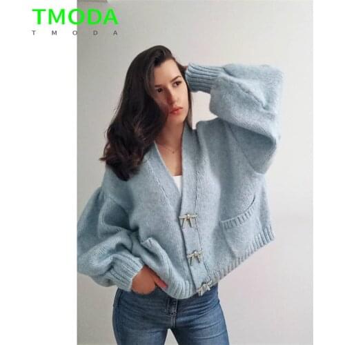 TMODA877 Za Womens 2021 Spring Autumn Knitted Cardigan Sweater Thick Loose Lantern Sleeve Pearl Button Short Sweet Tops