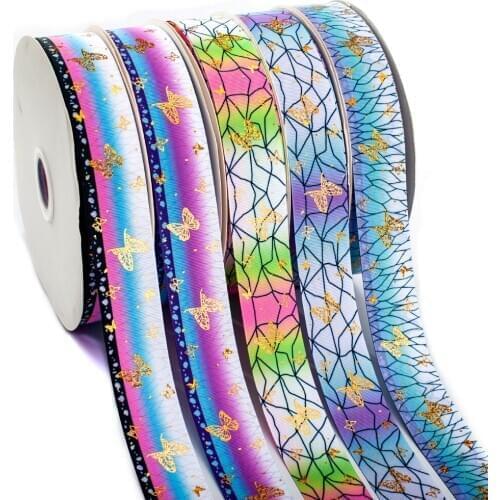 Gold Foil Grosgrain Ribbon Kimetsu No Yaiba Double-Printed Butterfly Background for Hairbow Accessory Decoration