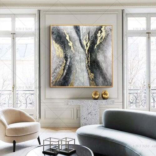 100% Handmade Gray Black Golden Abstract Gold Oil Painting for Living Room Modern Painting wall decor picture art Gift