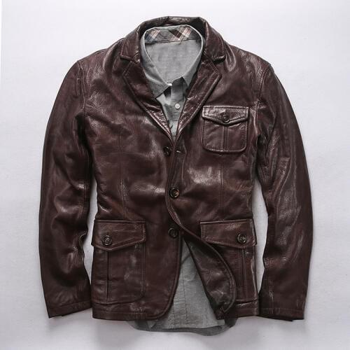 AVFLY 2019 Men Brown Genuine Leather Jacket Business Casual Vegetable tanned goatskin Blazer Jackets M-4XL Free Shipping