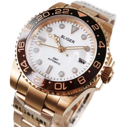 BLIGER Rose Gold Automatic Men Wristwatch Sapphire Glass Rotating Bezel GMT Hand White Dial Deployment Clasp