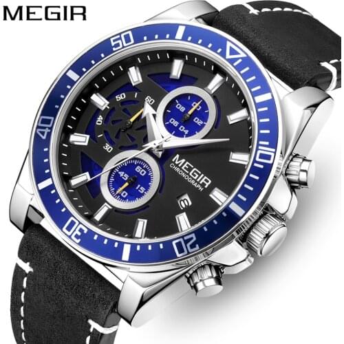 MEGIR Top Brand Luxury Mens Watches Male Gift Clock Date Sport Military Clock Leather Strap Quartz Business Men Watch 2020 New