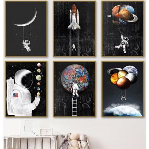 Black and White Wall Art Prints Poster Astronaut with Graffiti Planet Canvas Painting Cuadros Decortion Mural Modern Home Decor