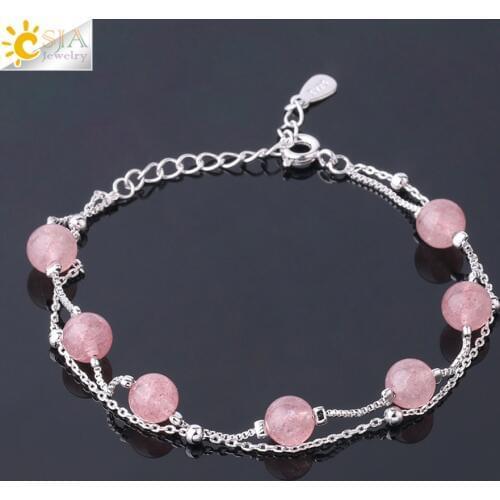 CSJA Natural Stone Strawberry Crystal Bracelet 6mm Pink Round Beads Link Chain Bracelets for Women Girls Charm Bangle Gifts F909