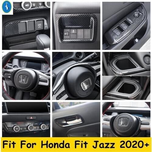 Window Lift Button / Gear Shift Head Knob / Steering Wheel Cover Trim Carbon Fiber Look Interior For Honda Fit Jazz 2020 2021
