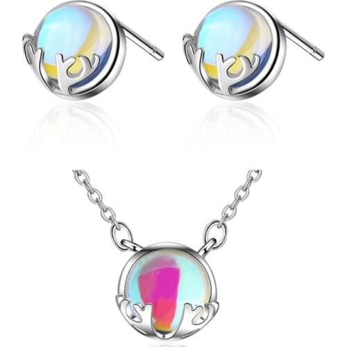 Trend Silver 925 Choker Necklace Girls Accessories Charms Moonstones Elk Pendant Earrings For Women Jewelry Vintage Persent Lady