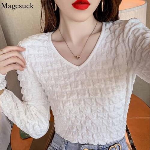 Korean New V-neck Pleated Woman Tshirts 2021 Autumn Solid Long Sleeve Tops T-shirt Elegant Women Slim Tees Shirt Blusas 16505