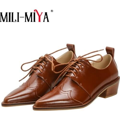 MILI-MIYA Classic Design Women Cow Leather Pumps Square Heels Solid Color Lace Up Office Career Shoes Size 34-40 Handmade