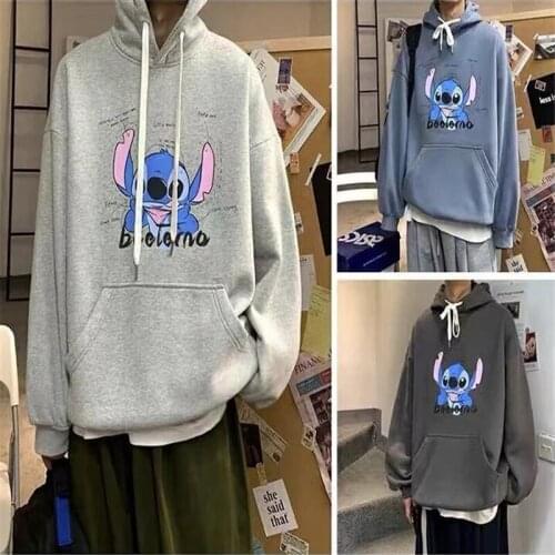 Disney Stitch Cartoon Men Hoodie Boy Loose Plus Fleece Hooded Pullover Coat Sweatshirt Casual Pocket Unisex Long Sleeve Tops Man