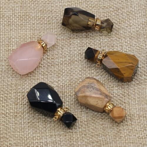 Natural Gem Stone Perfume Bottle Pendant Faceted Rose Pink Quartz Essential Oil Diffuser Connector DIY Necklace Jewelry Making
