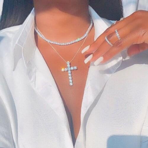 Shiny Crystal Cross Pendants Necklace For Women Multilayer Gold Silver Color Tennis Choker Chain Necklaces Punk Hiphop Jewellery