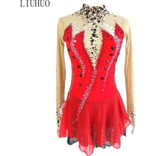 LIUHUO Figure Skating Dress Women Girls Spandex Quality Crystals professional tutu Roller Skating Ballet Dress with gloves
