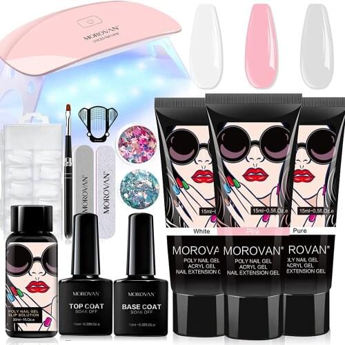 Poly Nail Gel Kit with UV LED Lamp Builder Gel Kits with Slip Solution Base Top Coat Glitter Butterfly 100pcs Nail Form Tools