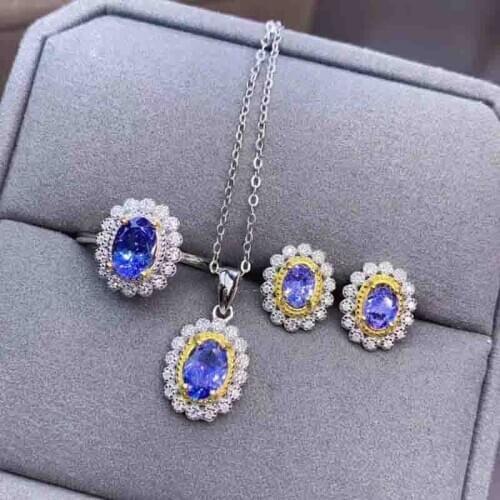 S925 Sliver Natural Tanzanite Jewelry Sets for Women Party Necklace Earrings and Ring Fine Jewelry Blue Gemstones Gifts 4*5mm