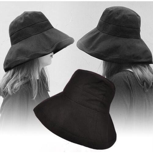 Seioum Lady Summer Beach black Wide Brim Fisherman Hat Women Fashion Cotton Big Bowknot Plain Bucket Hat