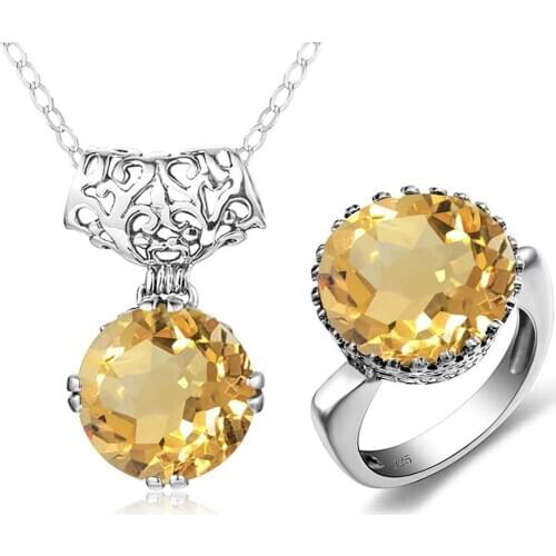 Szjinao Silver Jewellery Set For Women Real 925 Sterling Silver Yellow Cristal Big Pendant Ring Set Vintage Round Fine Jewelry