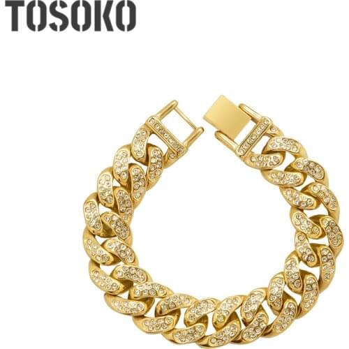 TOSOKO Stainless Steel Jewelry Zircon Inlaid Lovers Fashion Hip Hop CUBAN CHAIN BRACELET Thick Chain BSE008