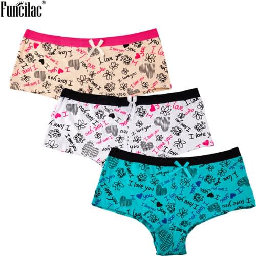 FUNCILAC Cotton Panties Underwear Women Boyshorts Letters Printed Seamless Shorty Femme Sexy Briefs Woman Underpants 3pcs/Lot