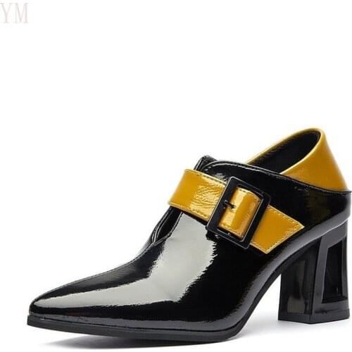 Black Yellow Gladiator High Heels Women Pumps Natural Buckle Fretwork High Heel Shoes Pointed Toe Shoes Square Heel Casual Shoes