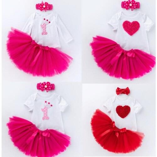 Hot Pink Baby Girls Crown One Romper Seperated TUTU Skirt Love Baby Vestidos First Birthday Infant Girl Bead Bowknot Headband