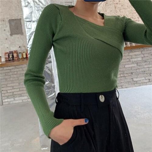 Solid Top Femme Spring Autumn New Long Sleeve Pullover v-Neck Slim Knit Sweater Women Clothes 2021 Korean Style Fashion Pullover