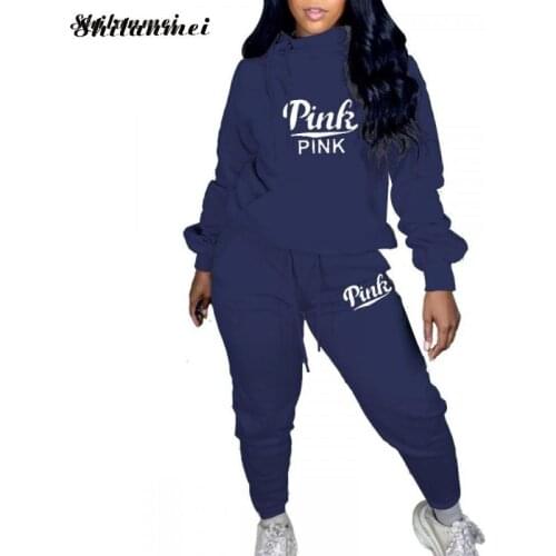 New Pink Letter Print Casual Tracksuit Set Women Two Piece Set Winter Fall Sporty Outfits Turtleneck Sweatshirt+Pants Sweatsuit