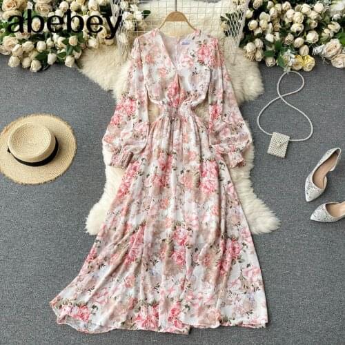 2021 Spring Summer Floral Print Long Dress Women Fashion V-neck Full Sleeve Elastic Waist Hollow Back Bohemian Beach Maxi Dress