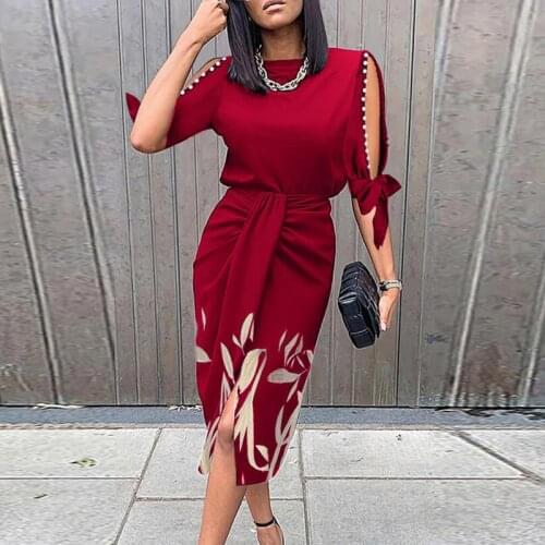 Vintage Print Elegant Women Folds Slim Dress Casual Hollow Out Patchwork Half Sleeve Dress Female Summer Round Neck Party Dress