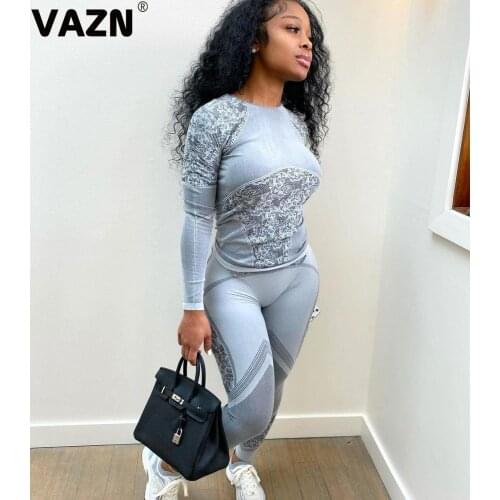 VAZN 2020 Top Quality Sexy Sweet Joker Free Soft Elastic Regular Solid Full Sleeve Group Long Pants Skinny Women 2 Piece Set