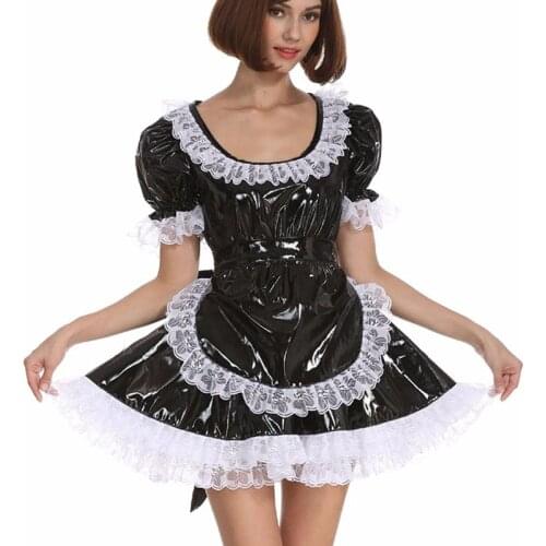 25 Colors White Lace Splicing Maid Cosplay Costume Lady PVC Short Sleeve Lolita Mini Dress Lovely Cosplay Fancy Dress With Apron