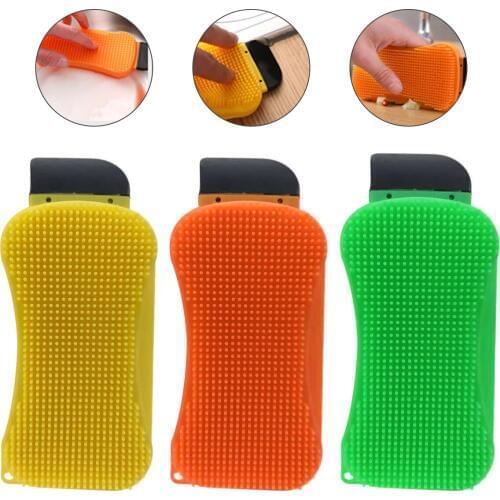 3-in-1 Kitchen Cleaning Tool Sponge Brush Silicone Cleaning Brush Washing Pan Dish Bowl Sponge Scraper With Soap Dispenser